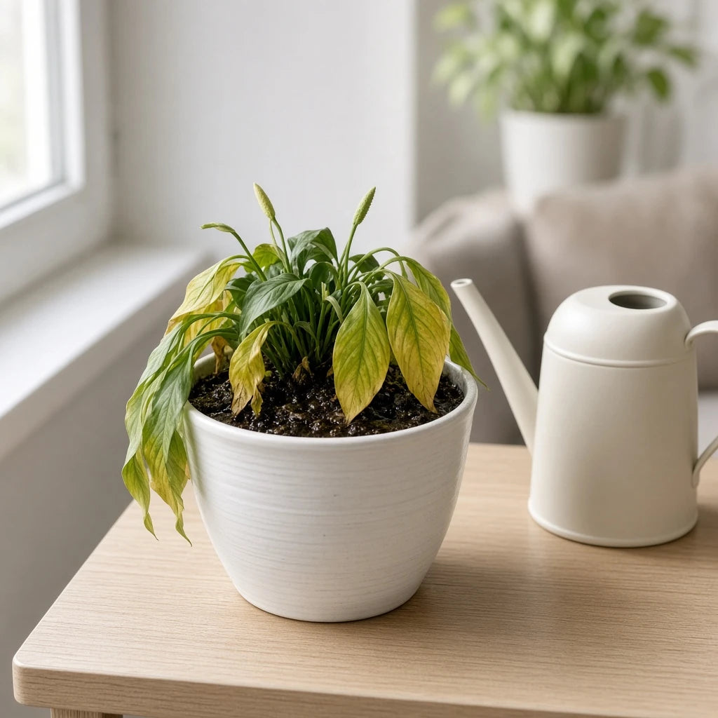 Overwatered drooping peace lily