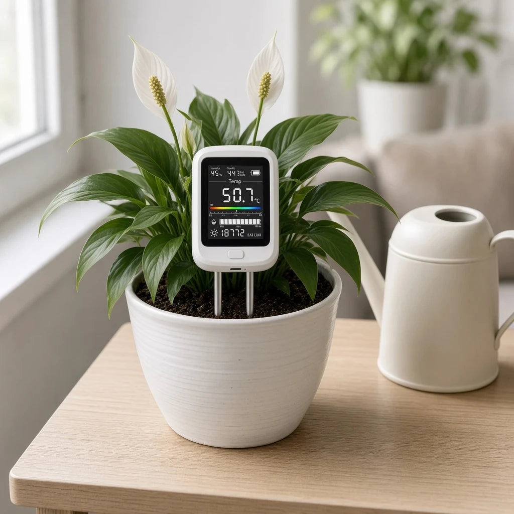 Thriving peace lily with PlantSays in the soil