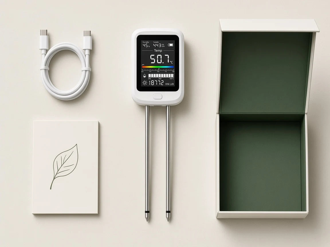 What is in the box: PlantSays tester, USB-C cable and plant care guide