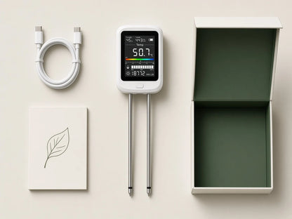 What is in the box: PlantSays tester, USB-C cable and plant care guide
