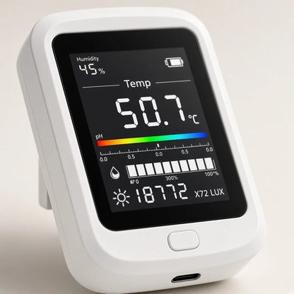 Close-up of the PlantSays color display, single button and USB-C port