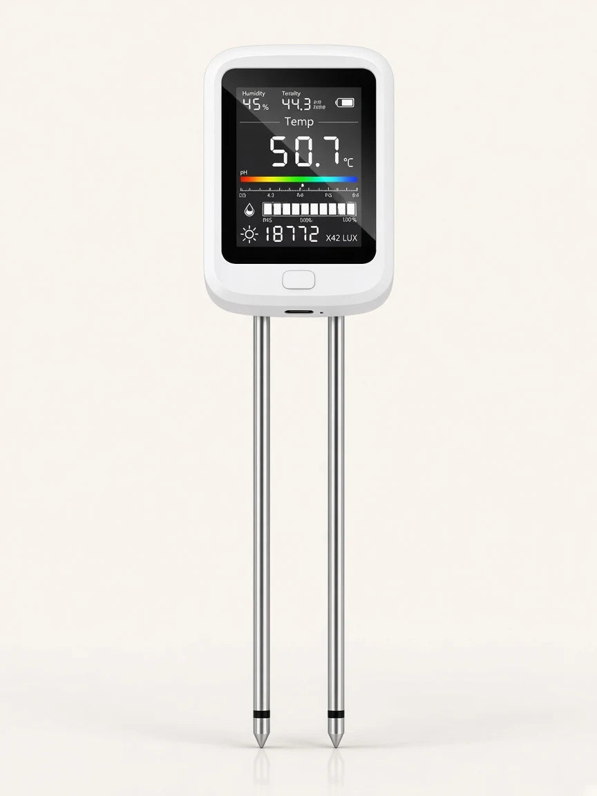 PlantSays screen showing humidity, temperature, pH, moisture and light