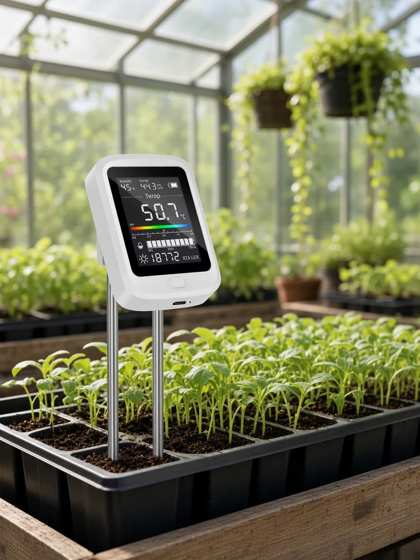 PlantSays checking seedlings in a greenhouse