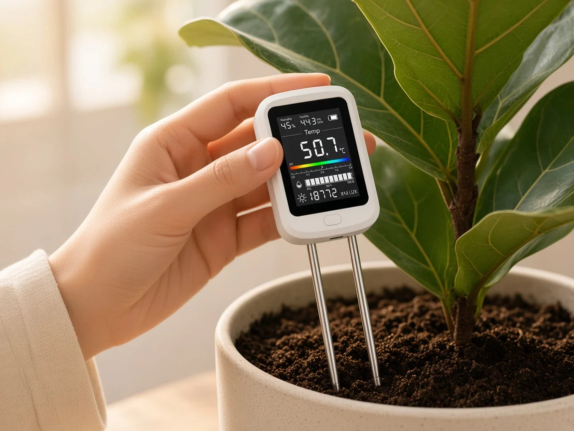 Pushing PlantSays probes into a fiddle-leaf fig pot