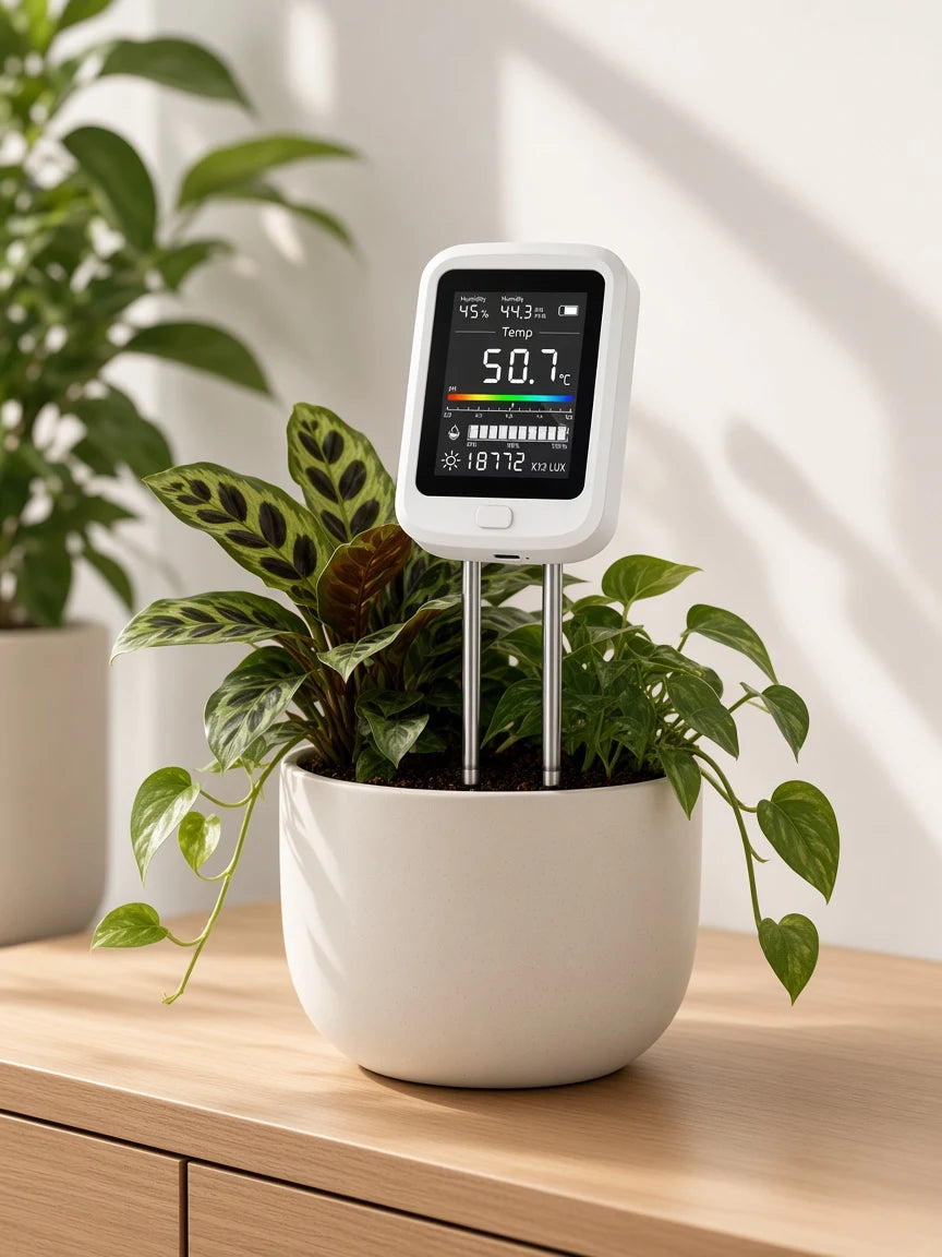 PlantSays soil tester in a potted calathea and pothos