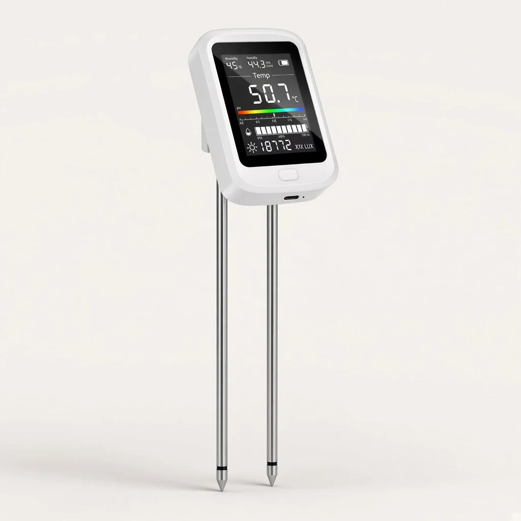 PlantSays 6-in-1 soil tester, white head with color screen and twin stainless probes