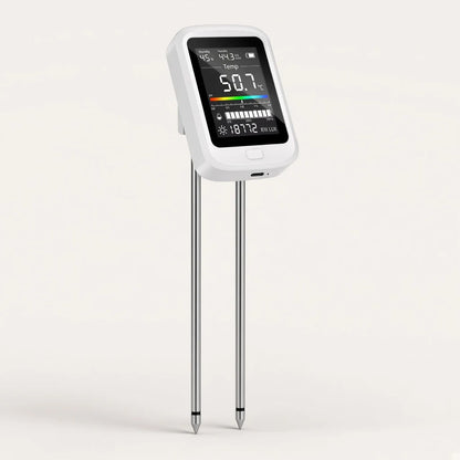 PlantSays 6-in-1 soil tester, white head with color screen and twin stainless probes